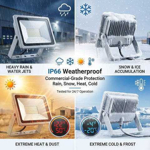 Badass 150W Led Flood Light Outdoor 18000 Lumen Daylight 6500K Ip66 Waterproof showcasing weatherproof features in various climates.
