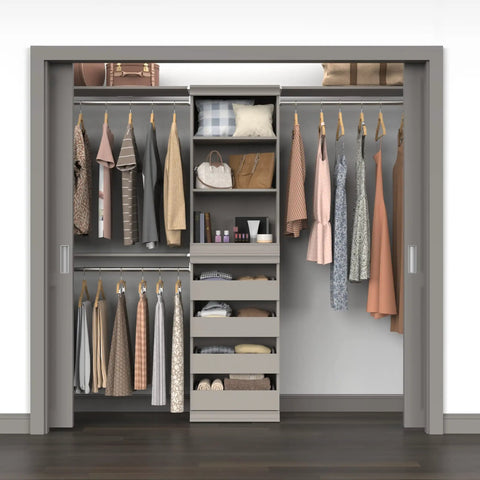 Super Slick Modular Closet Storage Organizer With Four Stackable Drawers In Taupe, featuring clothes, bags and organized compartments.