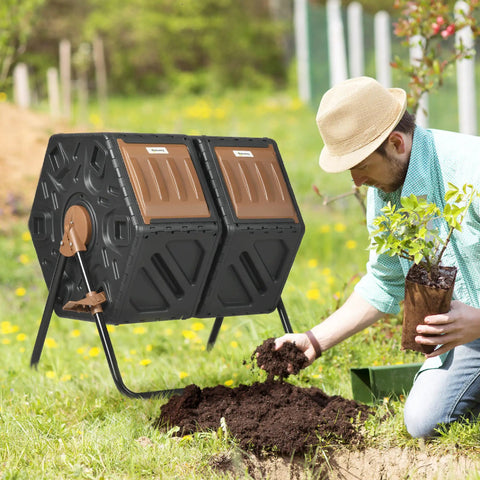 Dual Chamber Compost Tumbler Bin With Rotating Design For Faster All Year Round Composting, 24 Ventilation Openings And Sturdy Steel Legs