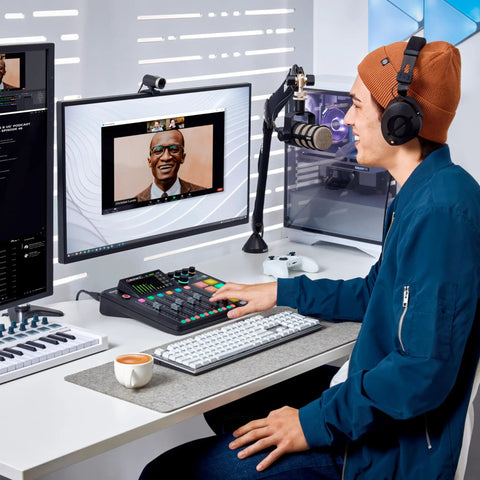 Kickstart Your Streaming Legacy With This Dope 3 Host Podcast Console Bundle featuring a user streaming with an audio mixer and headphones.