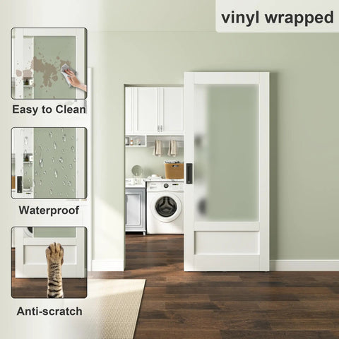 36 by 84 Inch Concealed Sliding Barn Door Featuring Frosted Glass Panels and Hidden Hardware to Keep Your Walls Dang Clean with waterproof surface.