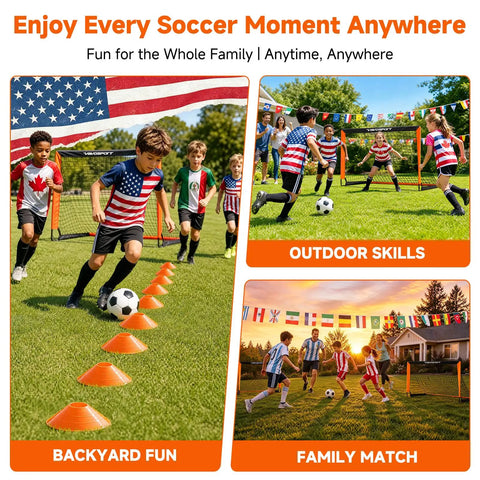 Children playing soccer with Two Pack Backyard Pop Up Soccer Goals 4x3 Ft For Kids, Portable Net Set With Ball, cones, outdoors.