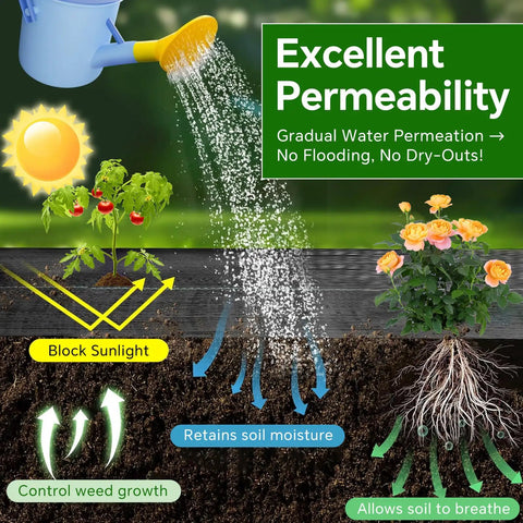 Illustration showing Heavy Duty Weed Barrier Landscape Fabric 2.8 Ft By 50 Ft Ground Cover benefits like sunlight blocking and water permeability.