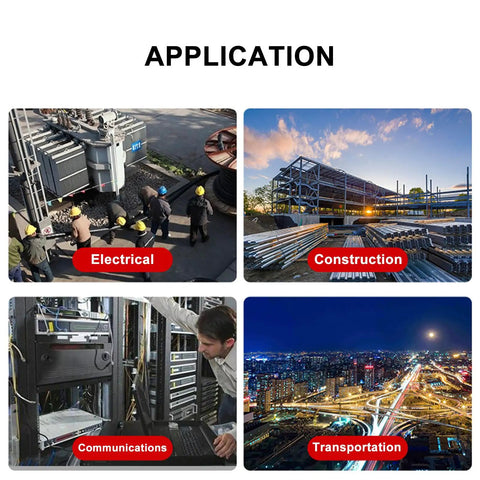 Image showing applications of Electric Ratcheting Cable Cutter: electrical, construction, communications, transportation.