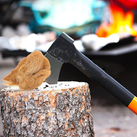 Natural Jute Fire Starters 4 Pack For Camping And Hiking with ax on log near campfire scene