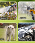 Relxitl 50ft black garden hose with 10-function spray nozzle; collage shows garden, home, pet, and car cleaning.