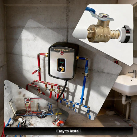 3/4 Inch PEX Ball Valve Four Pack Lead Free Brass Shut Off Valves for hot and cold water, installed with two red and two blue lines