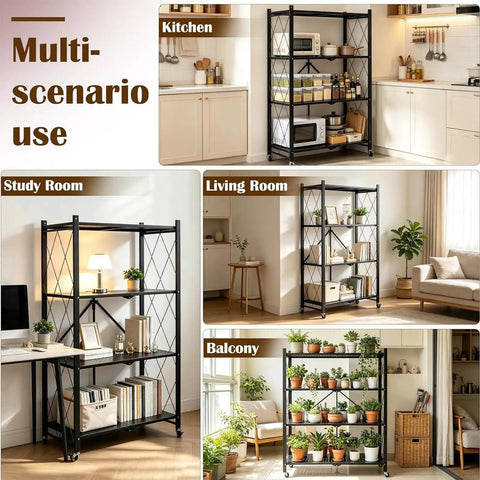 Heavy Duty Metal Storage Shelf with Four Tiers and Smooth Rolling Wheels for Kitchen Organization Collapsible Foldable Design in Classic White Color used in various home settings.