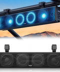 25 Inch UTV Sound Bar With Bluetooth And RGB Lighting IP66 Waterproof Amplified Powersports Speaker System For Polaris RZR Can Am And Golf Carts Weatherproof ATV Soundbar For Crisp Bass And Vivid Neon Glow installed on vehicle roll cage