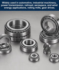 30204 Tapered Roller Bearing Cone And Cup Assembly Two Pack Heavy Duty Workhorse with steel components, various sizes displayed.
