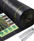 Six Foot By Three Hundred Foot Premium Weed Barrier Landscape Fabric 3.5oz Heavy Duty Garden Ground Cloth with staples shown