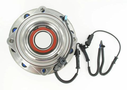 Heavy Duty Front Wheel Hub And Bearing Assembly For Ford Trucks 4x4 10 Lug with sensor wires and red seal, top view.