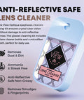 Front view of The View Optique anti-reflective safe lens cleaner spray bottle in light blue.