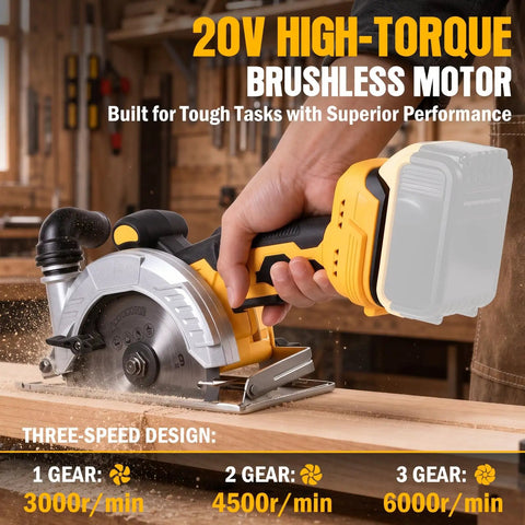 Heavy Hitter 6 Inch Cordless Circular Saw Featuring Brushless Motor 20 Volt Battery Compatible showcasing three-speed design in use.