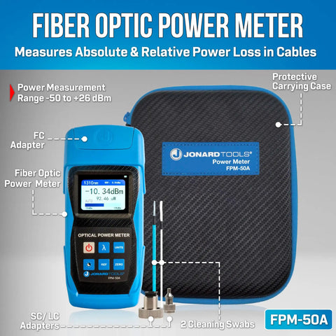 Fiber Optic Power Meter And Optical Light Source Kit With Minus 50 To Plus 26 Decibel Range For Absolute Relative Loss Testing, blue device, protective case, accessories.