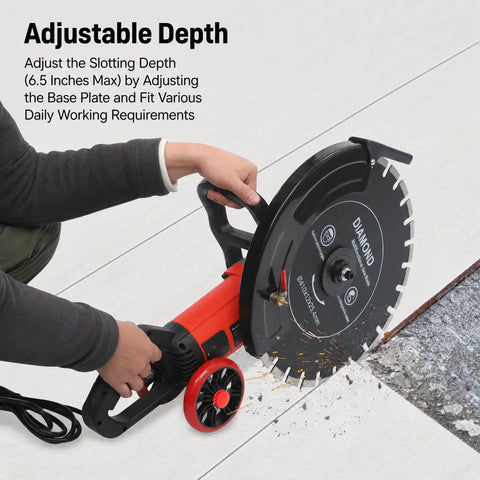 User adjusting the depth on a 4000 Watt Electric Concrete Saw With 16 Inch Diamond Blade For Wet Or Dry Cutting.