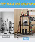 Before and after image showcasing the Floor Standing Ski And Snowboard Rack With 3 Tier Shelf Holds Boots Helmets And Packs Drill Free Mount No Sweat Setup.