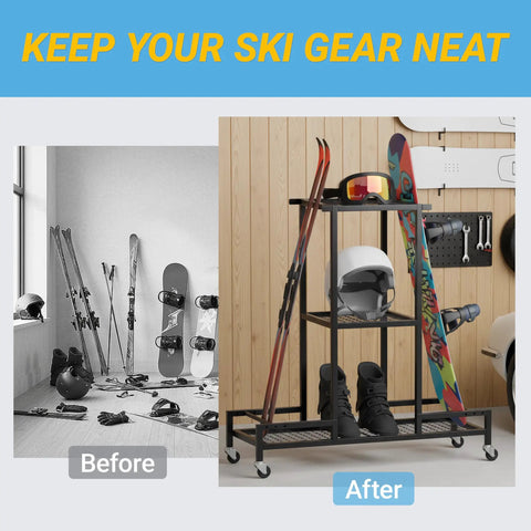 Before and after image showcasing the Floor Standing Ski And Snowboard Rack With 3 Tier Shelf Holds Boots Helmets And Packs Drill Free Mount No Sweat Setup.