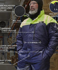 Heavy Duty Insulated Freezer Work Coveralls Built To Blast Through The Deep Freeze With Rock Solid Thermal Armor And Water Repellent Winter Job Gear For Cold Storage Crews, featuring mic tab and zippered pocket.