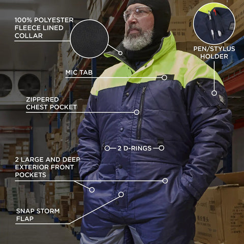 Heavy Duty Insulated Freezer Work Coveralls Built To Blast Through The Deep Freeze With Rock Solid Thermal Armor And Water Repellent Winter Job Gear For Cold Storage Crews, featuring mic tab and zippered pocket.
