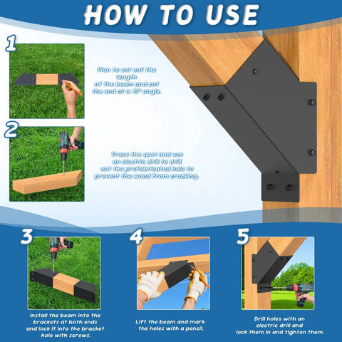 Beefy 8 Pack 45 Degree Pergola Brackets for 4x4 Posts, Corner Support Kit in Black Weatherproof Steel installation guide
