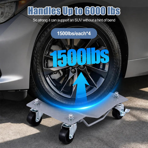 Rock Solid Heavy Duty Wheel Dolly Set Of Four With Smooth Swivel Wheels For Cars And Trucks 6000 Lbs Capacity shown under SUV tire.