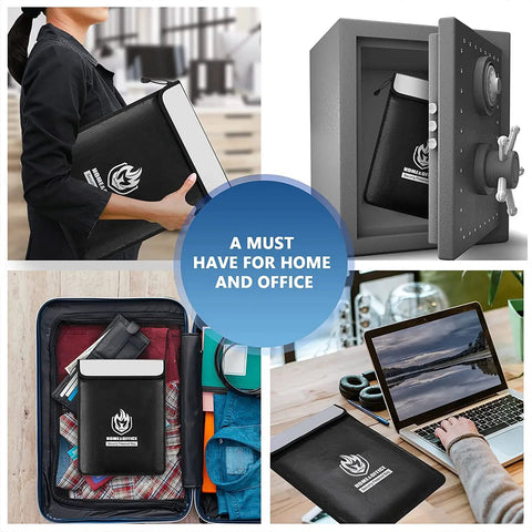 Collage showing UL Certified Two Pocket Fireproof Document Bag With 2000F Heat Resistance in use at home and office.