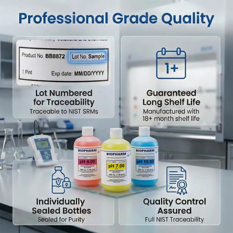 Pro Grade pH Buffer Calibration Solution Set Three Pack With pH 4.00 7.00 10.00 Buffers 500 mL Each Color Coded For Easy ID NIST Traceable For All pH Meters Ideal For Pharmaceutical Academic And Industrial Labs