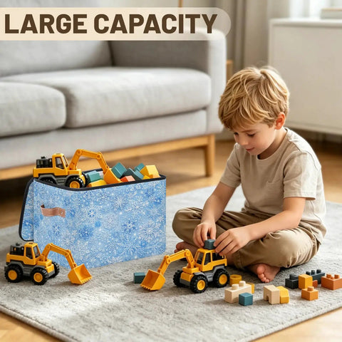 Heavy Duty Waterproof Polyester Storage Containers With A Slick Two Way Zipper Closure And Blue White Snowflake Design, large capacity, storing toys.