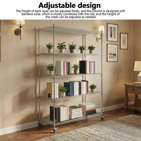 Heavy Duty Five Tier Rolling Wire Shelving Rack Built Tough For Garage Use With Smooth Gliding Casters And Fully Adjustable Heights, showcasing books and plants.