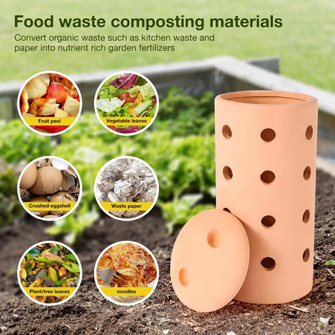 Worm Composting Bin For Garden Use Ceramic Outdoor Bin With Holes And Lid 10 By 4.13 By 4.13 Inches for recycling scraps