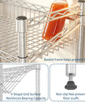 Detail of 4 Tier Adjustable Wire Shelving Rack Built Tough As Nails showing sturdy basket frame and non-slip feet.
