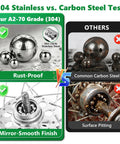 Comparison of 640 Piece Assorted 304 Stainless Steel Bearing Balls Kit 1mm To 8mm Sizes versus carbon steel, showing rust-proof quality.