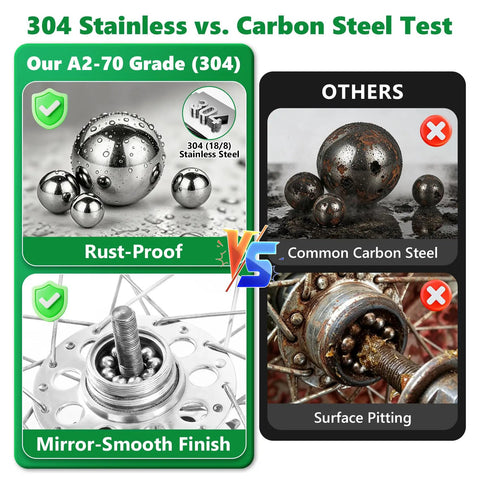 Comparison of 640 Piece Assorted 304 Stainless Steel Bearing Balls Kit 1mm To 8mm Sizes versus carbon steel, showing rust-proof quality.