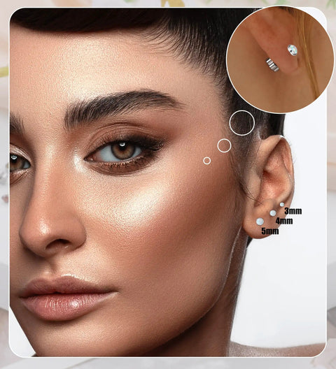 Close-up on a model wearing Drop Dead Stunning Opal Studs Flat Back Titanium Earrings For Women Hypoallergenic Screw Back Jewelry.