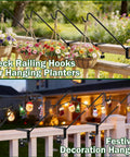 Badass Deck Railing Plant Hangers 2 Pack Workhorse Solid Core Shepherd Hooks displaying flower baskets and festive lights on railing.