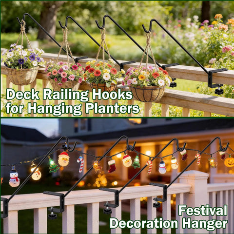 Badass Deck Railing Plant Hangers 2 Pack Workhorse Solid Core Shepherd Hooks displaying flower baskets and festive lights on railing.