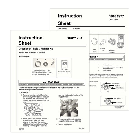Instruction sheets for Premium C3 High Speed Bearing Tub Rebuild Kit For Front Load Washing Machines detailing parts and assembly.