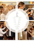 Game Changing Dual Side Closet Hanger With Twelve Rotating Hooks For Organizing Belts Scarves Ties And Gear in a stylish closet.