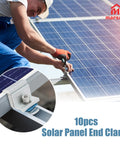 10 Pack Heavy Duty Solar Panel End Clamp Brackets mounted on solar array, adjustable, aluminum material, installation view.