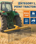Tow Behind 60 Inch Dethatcher Rake With 21 Steel Tines for Tractors Category 1 Three-Point Hitch attached to green tractor