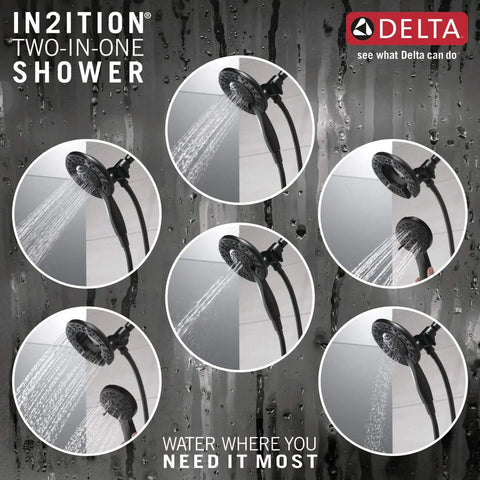 Collage of six images showing Dual Shower Head With Handheld Spray 2 In 1 Matte Black With Hose 1.75 GPM Flow Rate Four Spray Options.