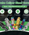 Tough As Nails Rust Free Titanium Brake Bleeder Bolts For Motorcycle Calipers in various colors and sizes, perfect for upgrades.
