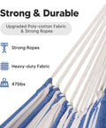Close-up of Big Outdoor Double Hammock With Stand For Two People, durable poly cotton fabric and strong ropes in blue and white stripes.