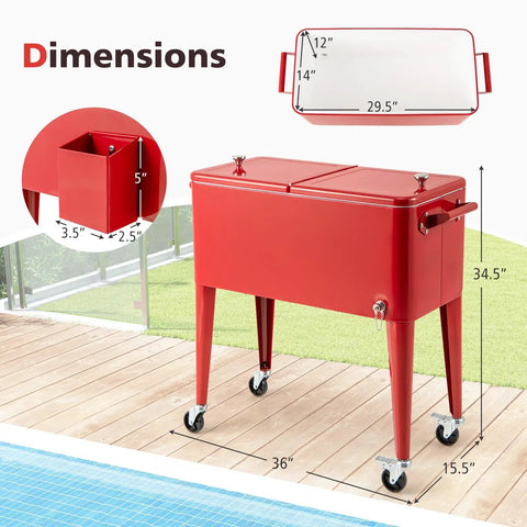 80 Quart Rolling Cooler Cart With Lockable Wheels Bottle Opener Cap Catcher For Outdoor Parties Poolside Backyard Barbecues
