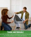 Two people using Super Durable 4 Mil Thick Clear Plastic Sheeting Roll Measuring 8 Feet By 100 Feet Heavy Duty Polyethylene Film Ideal As Vapor Barrier For Crawl Spaces Painter Drop Cloth And General Covering Needs to wrap a chair