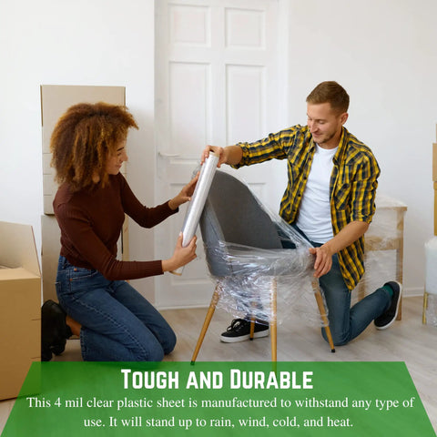 Two people using Super Durable 4 Mil Thick Clear Plastic Sheeting Roll Measuring 8 Feet By 100 Feet Heavy Duty Polyethylene Film Ideal As Vapor Barrier For Crawl Spaces Painter Drop Cloth And General Covering Needs to wrap a chair