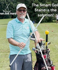 Man holding Cart Bag To Stand Conversion Kit With Lightweight 8oz Aluminum Attachment at golf course, demonstrating use.