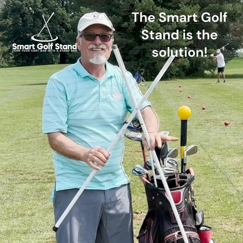 Man holding Cart Bag To Stand Conversion Kit With Lightweight 8oz Aluminum Attachment at golf course, demonstrating use.