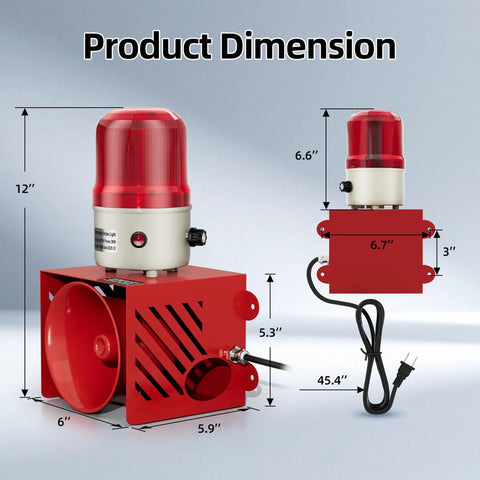 Rock Solid Heavy Duty Plug In Security Alarm With Blinding Led Strobe And Loud As Heck 120 Decibel Siren dimensions shown with measurements.